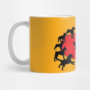 Dogs gambling bones watching men fighting. Animal rights protest. Mug